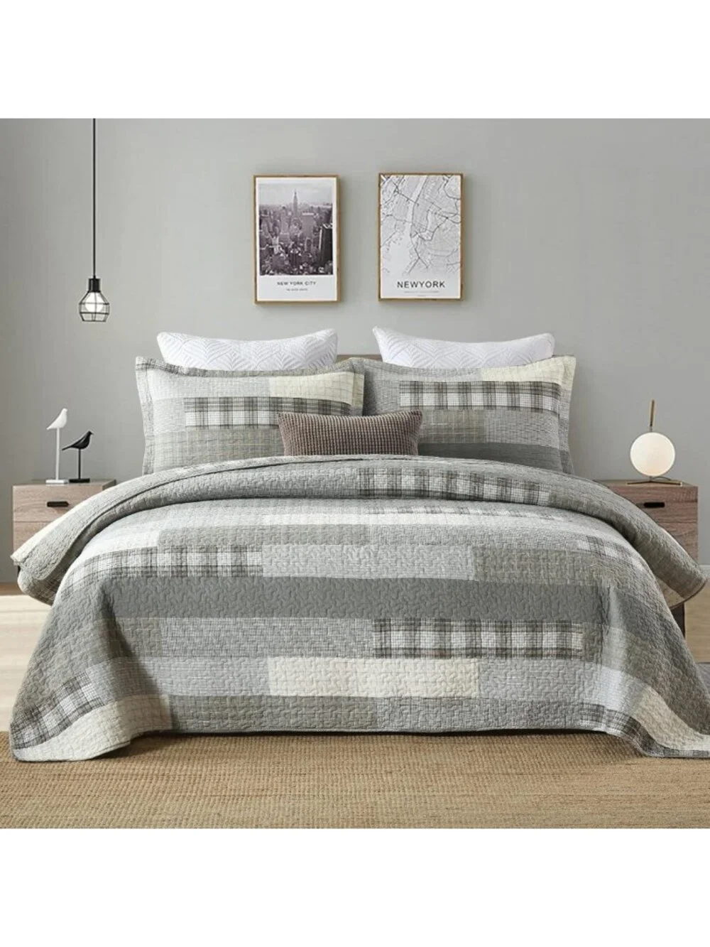 Reversible Queen Quilt Set - 100% Cotton Lightweight Bedspread, Farmhouse Plaid